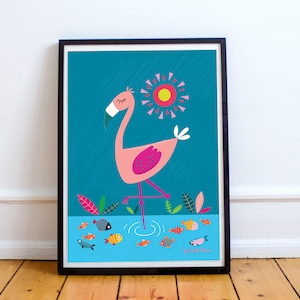 Childrens art print, Flamingo print, instant download, kids wall art, nursery decor, cute bird prints, childrens illustration prints image 1