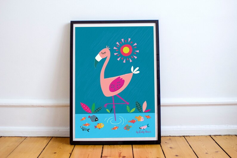 Childrens art print, Flamingo print, instant download, kids wall art, nursery decor, cute bird prints, childrens illustration prints image 1