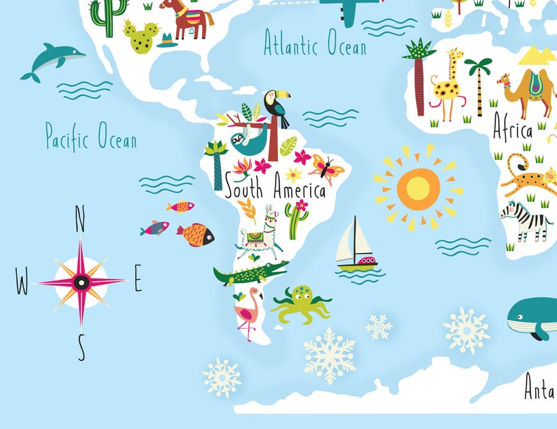 May include: A colorful world map with illustrations of animals and landmarks. The map includes the continents of South America, Africa, and Antarctica. The map is on a light blue background with white waves and snowflakes.