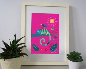 Childrens Print, Chameleon, instant download, animal print, girl's bedroom decor, kids wall art, colourful illustrations