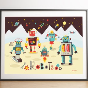 Robot Print, instant download, Space theme kids wall art, retro robot children's room decor, art print, poster, rocket