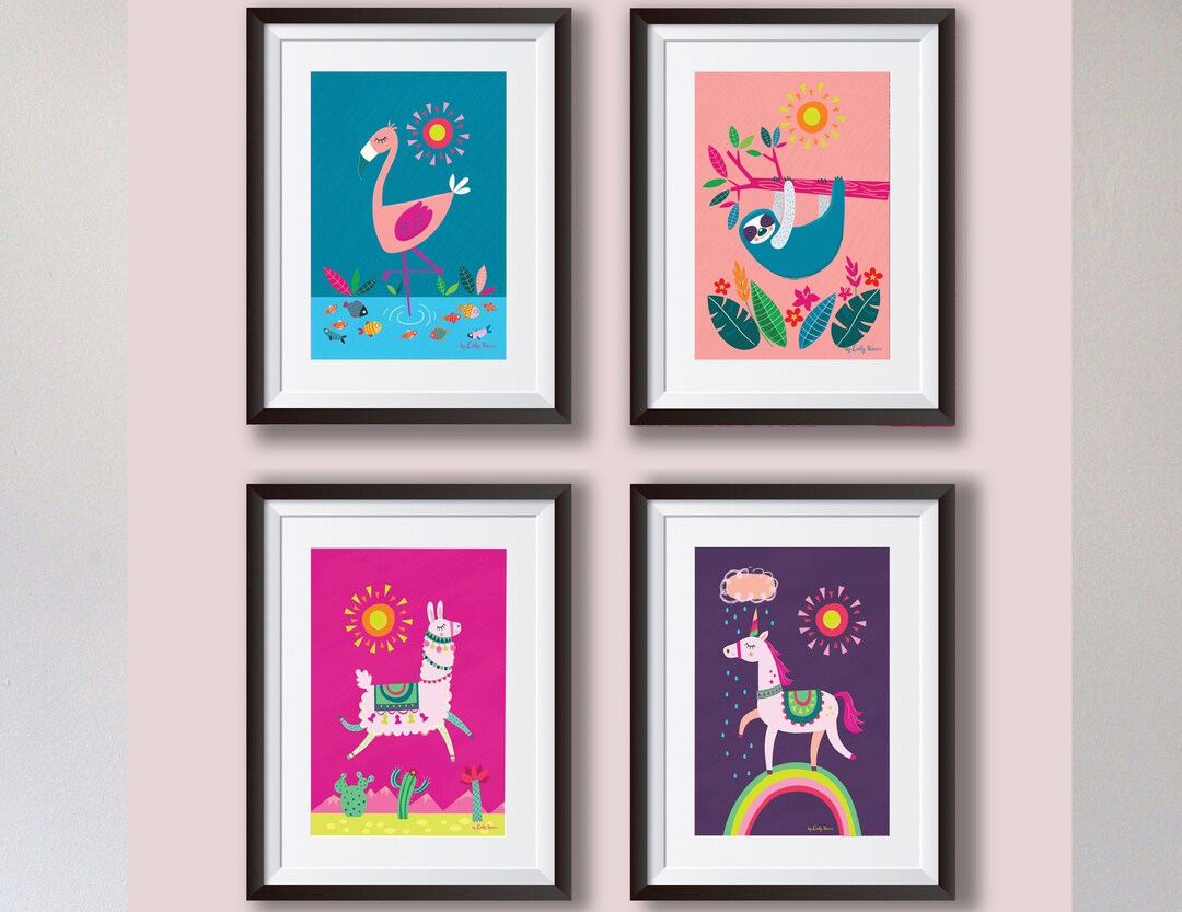Childrens Art Prints, Instant Download, Set of 4, Kids Wall Art, Girls Bedroom, Cute, Flamingo ...