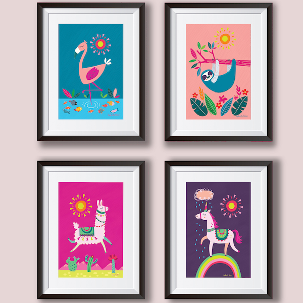 Kids Animal Art Prints: Flamingo, Sloth, Unicorn, Llama (Digital Download)
