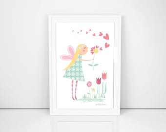 Flower fairy print, childrens art print, instant download, nursery decor, girls bedroom art, kids wall art. pretty fairies