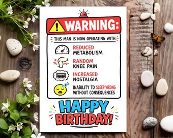 Funny Birthday Card for Him - Humour Gift for Men - Fun Greeting - Warning