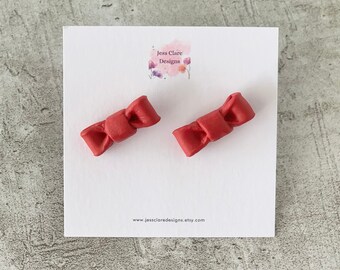 Red Bow Polymer Clay Stud Earrings: Handmade Statement Jewelry