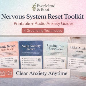 Peut inclure: Un kit d'outils de réinitialisation du système nerveux avec des guides d'anxiété imprimables et audio. L'image présente quatre cartes intitulées : Panic Reset, Night Anxiety Reset, Leaving-the-House Reset et IBS & Anxiety Reset. Le texte "Clear Anxiety Anytime" est également visible.