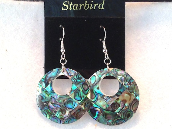 Abalone Round Mosaic  inlay sea shell dangle earr… - image 1