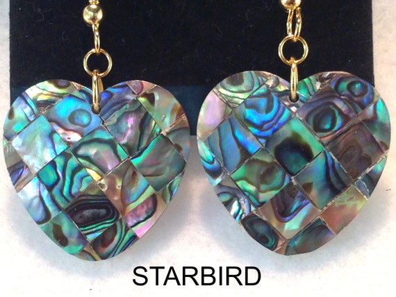 Heart Mosaic Abalone inlay sea shell dangle earri… - image 1