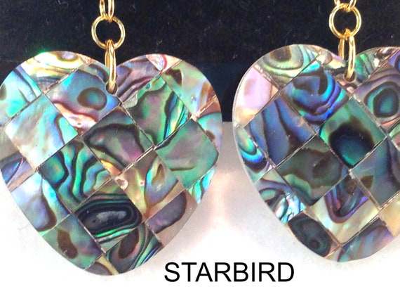 Heart Mosaic Abalone inlay sea shell dangle earri… - image 2