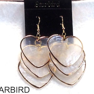 HEARTS, STARS or ROUNDS capiz shell rimmed in gold  dangle shell earrings