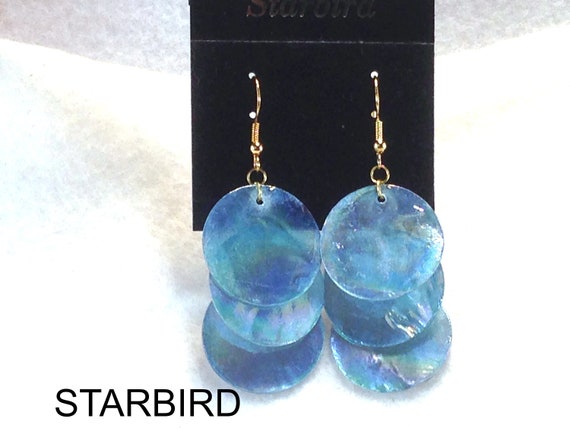 Round Blue Capiz shell  dangle earrings 80's vint… - image 1