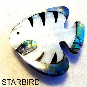 ABALONE white and black MOTHER of PEARL Fish inlay  Hair Barrette or Necklace