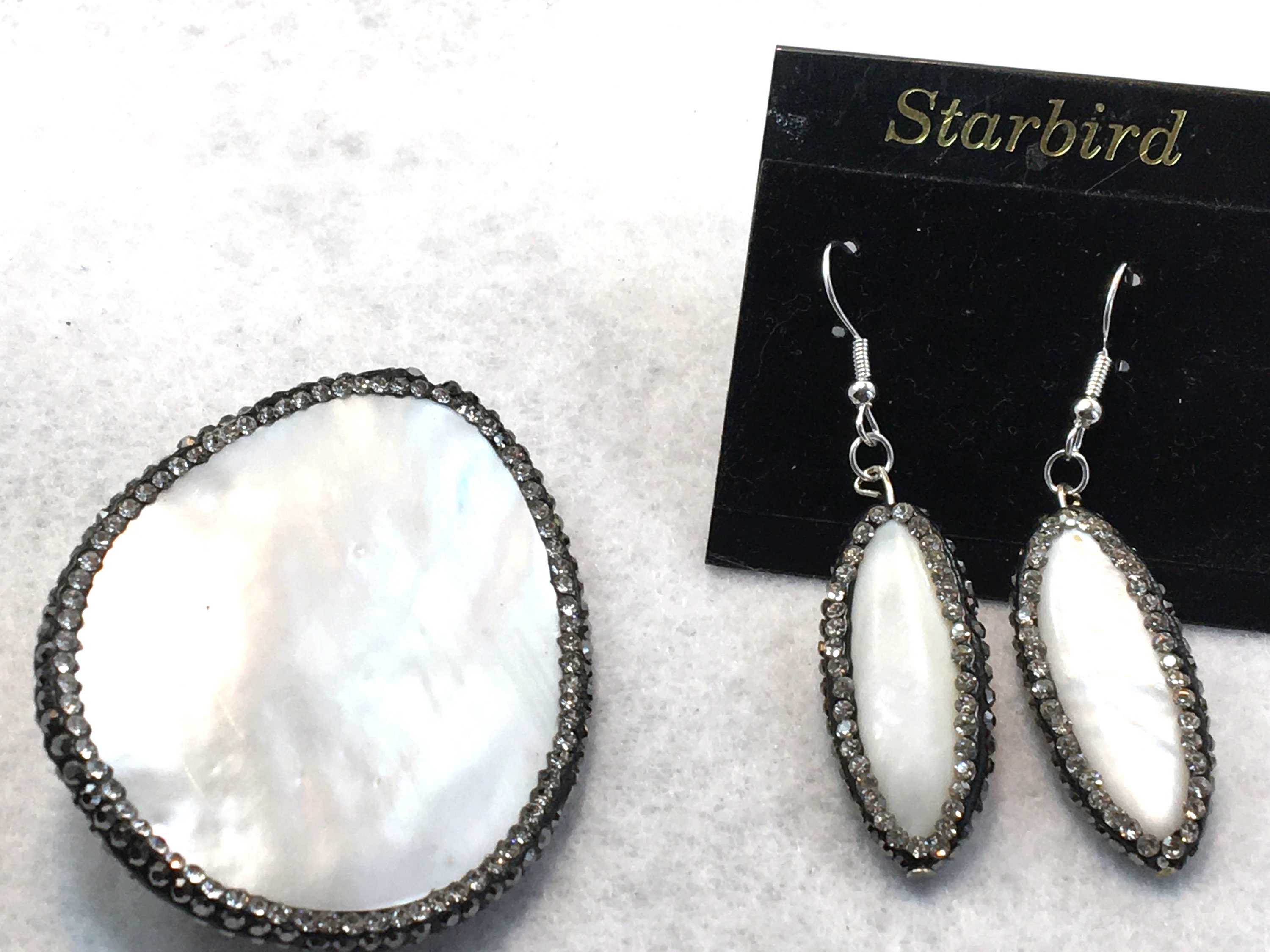 MOTHER of PEARL sea shell  earrings or hair barrette with polymer clay and black and silver rhinestones
