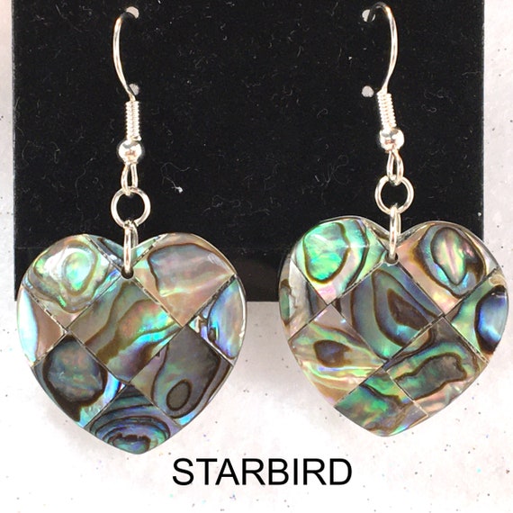 Heart Mosaic Abalone inlay sea shell dangle earri… - image 5