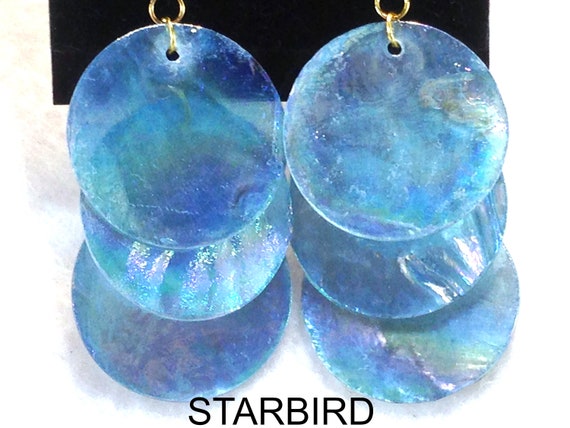 Round Blue Capiz shell  dangle earrings 80's vint… - image 2