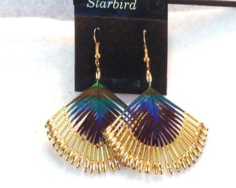 Peacock feather gold, silver or aurora borealis beaded earrings