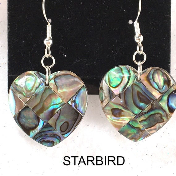Heart Mosaic Abalone inlay sea shell dangle earri… - image 9