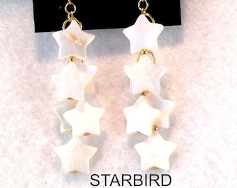 White Mother of Pearl Star dangle  Earrings  80&#39;s VINTAGE