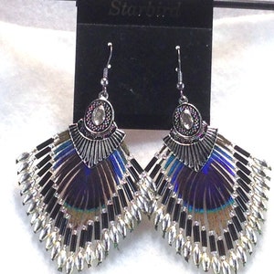 Gold or silver peacock feather beaded antique cap dangle earrings