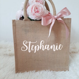 Custom Wedding party Beach Burlap Jute Bag-bachelorette beach gift bag- bridesmaid gift with rose gold bow