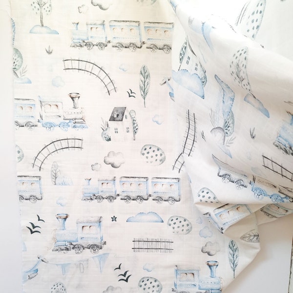 Train Muslin fabric, Double Gause baby swaddle fabric , Muslin by the yard , Double gauze crinkle cotton fabric digital printed