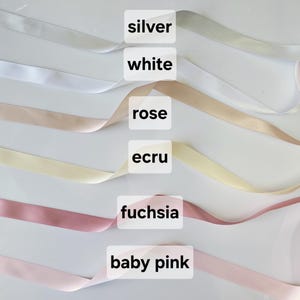 May include: A selection of satin ribbons in various colors, including silver, white, rose, ecru, fuchsia, and baby pink. Each ribbon is labeled with its corresponding color name in a white rectangular box. The ribbons are arranged diagonally across the frame.