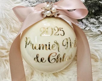 Mon premier Noel glazen kerstbal met satijnen lint in vintage stijl