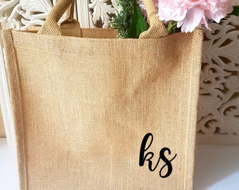 Personalisierte Monogramm mit Anfang Brautjungfer Jute Strand Einkaufstasche Brautjungfer Vorschlag Bachelorette Tasche