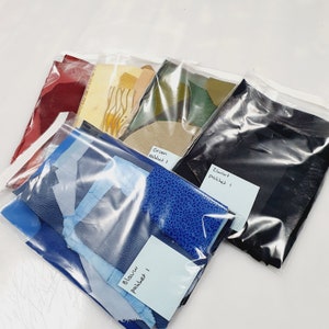 Pode incluir: Cinco sacos de plástico contendo sobras de couro de diferentes cores. Os sacos são etiquetados com a cor e a palavra "pacote". As cores são vermelho, amarelo, verde, azul e preto.