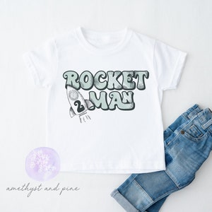 Rocket Man Second Birthday Shirt, Boys 2nd Bday Tshirt, Two the Moon Space Theme, Toddler Rocket Ship Tee, Spaceship, Retro Boho Minimalist