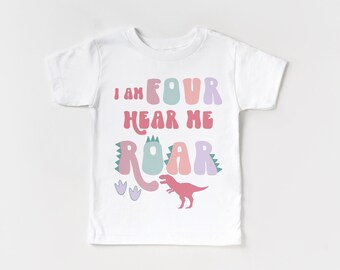 I Am Four Hear Me Roar Birthday Shirt, Girls Dinosaur Birthday Shirt, Fourth Birthday Shirt, 4th Birthday Dino Shirt, Girl Dinosaur Shirt