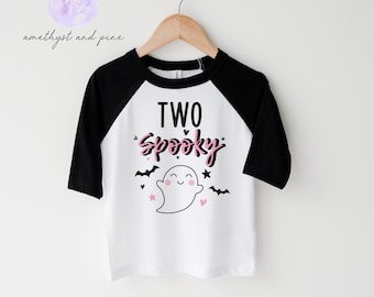 Dos camisetas raglán espeluznantes, cumpleaños de Halloween para niñas, cumpleaños fantasma, segundo cumpleaños de niña, segundo cumpleaños de niña, día de abucheos, cumpleaños espeluznante