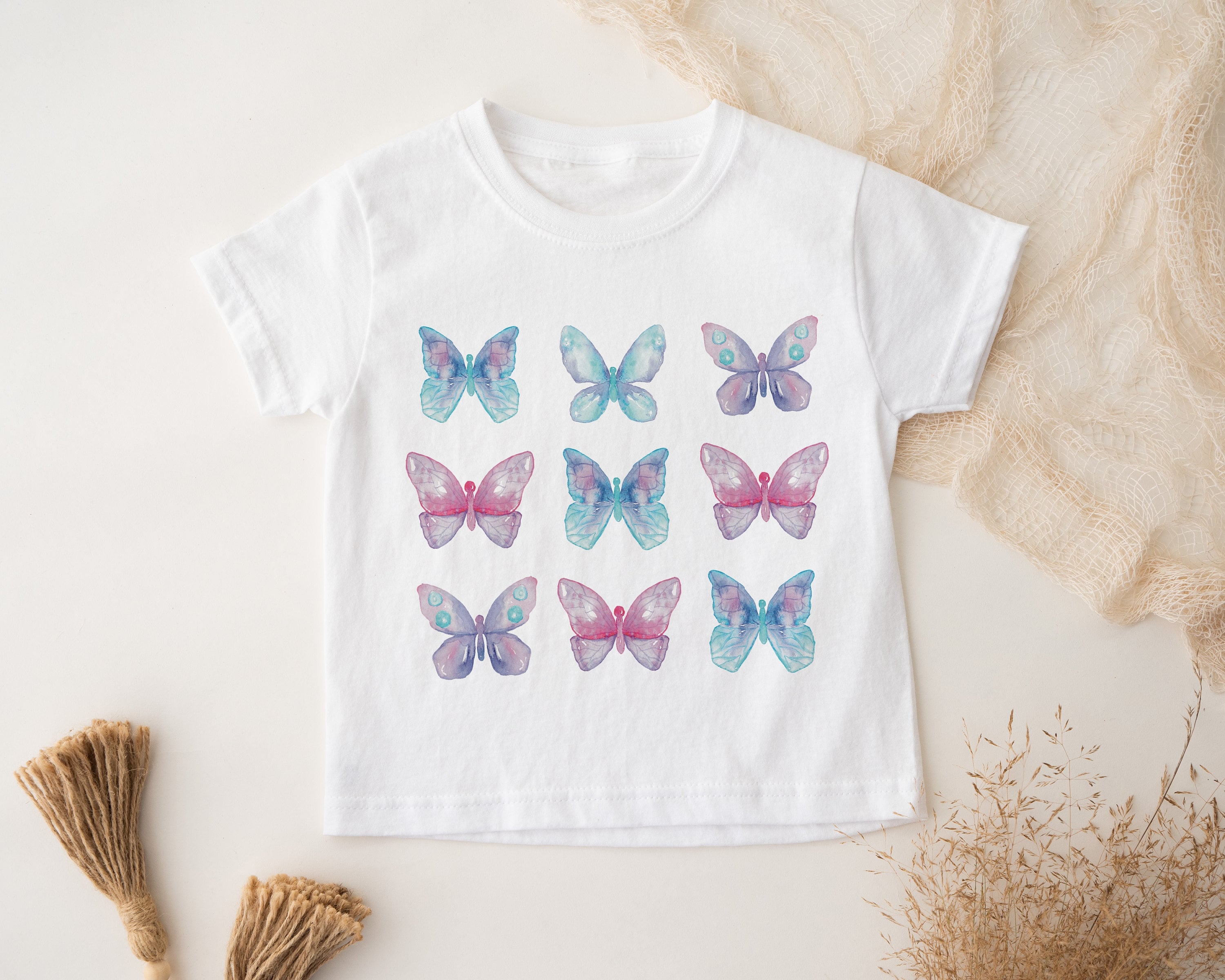 Toddler Girl Butterfly Print Graphic Ruffled Beige Short-sleeve Tee