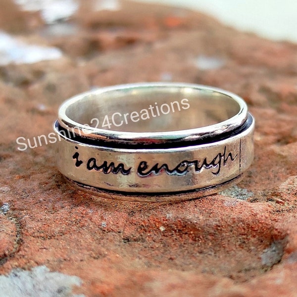 I Am Enough Ring, Fidget Spinner Ring, Sterling Silver Ring for Women, Meditation Anxiety Ring, Engraved Ring, Inspirational Quote