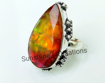 Rainbow Ammolite Ring, Handgemaakte Ring, 925 Zilveren Ring, Edelsteen Ring, Quartz Ammolite, Sierlijke Ring, Statement Ring, Ammolite Sieraden, Geschenken