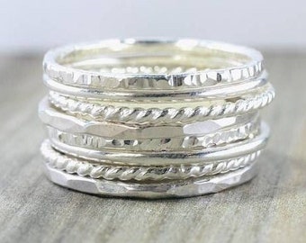 Sterling Silver Stacking Ring Set // Set of 8 Sterling Silver Stacking Rings // Simple Silver Hammered and Twist Bands