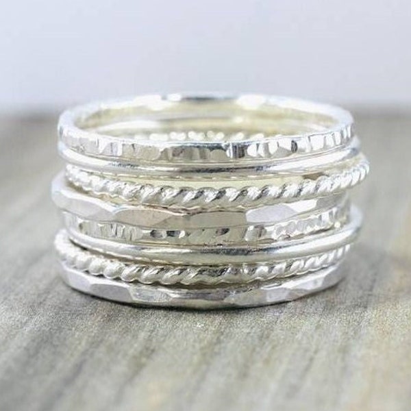 Sterling Silver Stacking Ring Set // Set of 8 Sterling Silver Stacking Rings // Simple Silver Hammered and Twist Bands