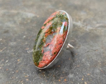 Unakite Ring - 925 Sterling Silver Ring - Oval Shape Unakite Wide Ring - Gift Ring - Unakite Jewelry - Gifts for Her- Christmas Gifts