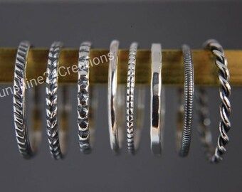 Conjunto de anillos apilables de plata esterlina, conjunto de 8 anillos apilables de plata esterlina, banda simple martillada y torcida de plata, anillo de regalo para mamá, venta