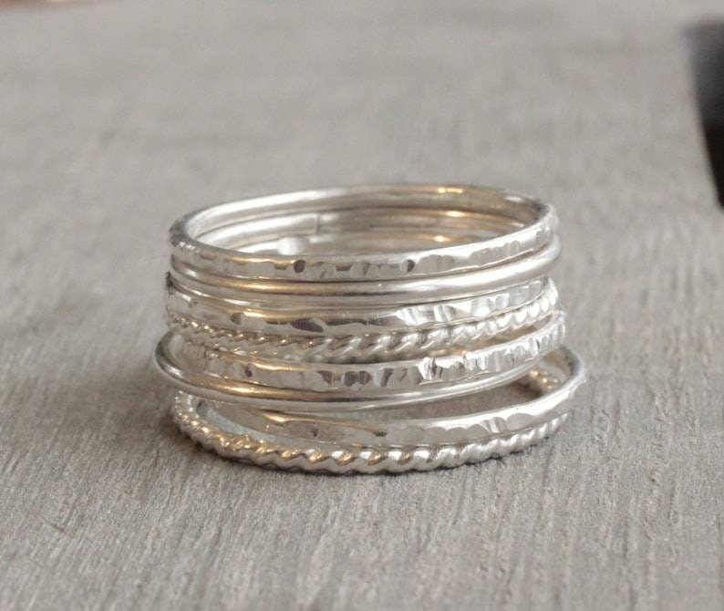 Sterling Silver Stacking Ring Set // Set of 8 Sterling Silver Stacking Rings // Simple Silver Hammered and Twist Bands image 2