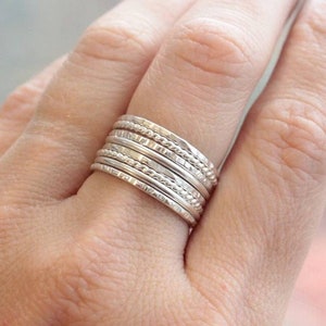 Sterling Silver Stacking Ring Set // Set of 8 Sterling Silver Stacking Rings // Simple Silver Hammered and Twist Bands image 3