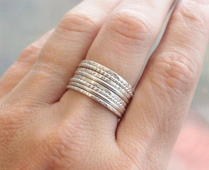 Sterling Silver Stacking Ring Set // Set of 8 Sterling Silver Stacking Rings // Simple Silver Hammered and Twist Bands image 3