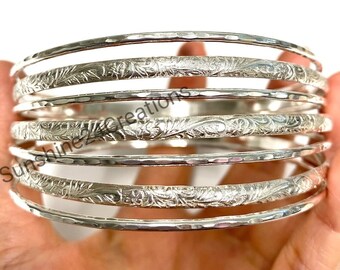 Mix Design Bangles Set, Set of 7 Bangles, Sterling Silver Bangle Set, Thin & Thick Stacking, Bangles, Silver Bracelet Set, 7 Day Bangles