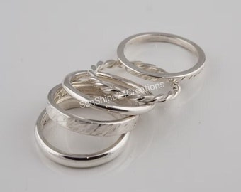 Conjunto de 5 anillos apilables de plata esterlina, conjunto de anillos apilables de plata esterlina, bandas simples martilladas y retorcidas de plata, anillos minimalistas, anillos midi