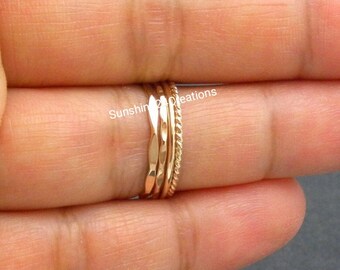 Thin Gold Stacking Rings, Set of 4 Dainty Stack Rings - 2 Hammered Stack Rings, 1 Smooth Stack Ring, 1 Twist Stack Ring (18 gauge