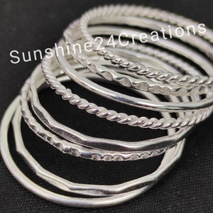 Mix Design Bangles Set, Set of 7 Bangles, Sterling Silver Bangle Set, Thin Stacking, Bangles, Silver Bracelet Set, 7 Day Bangles, Sale