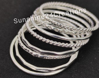 Mix Design Bangles Set, Set of 7 Bangles, Sterling Silver Bangle Set, Thin Stacking, Bangles, Silver Bracelet Set, 7 Day Bangles, Sale