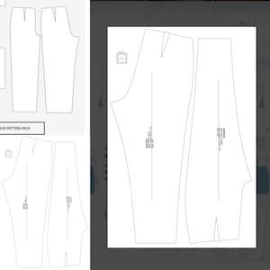 Peut inclure: Un patron de couture imprimable pour un pantalon. Le patron comprend deux pièces, une devant et un dos, et est étiqueté avec des mesures en pouces.