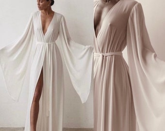 Peignoir blanc femme robe de mariée Kimono blanc Robe de chambre fait main Tissu crêpe Tailles XS à 3XL